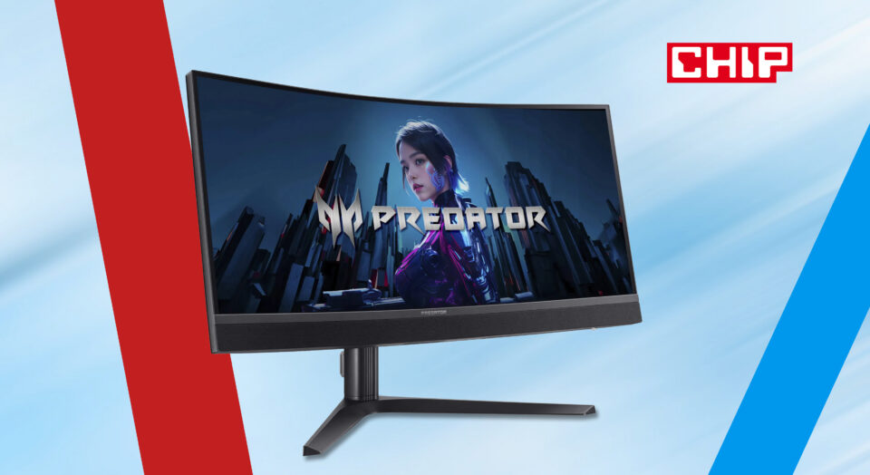 Вигляд зігнутого геймерського монітора Predator X34 V3: широкий екран з Mini-LED